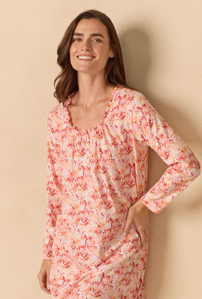 A lady wearing Rosewood Leaves Long Cotton Knit Nightgown