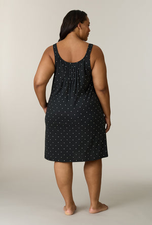 A lady wearing plus size Midnight Hearts Cotton Short Chemise back view