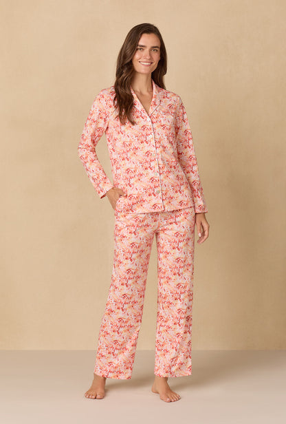 A lady wearing Rosewood Leaves Long Cotton Knit Pajama