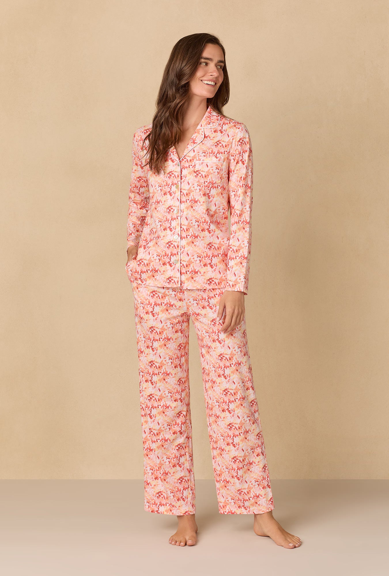 A lady wearing Rosewood Leaves Long Cotton Knit Pajama
