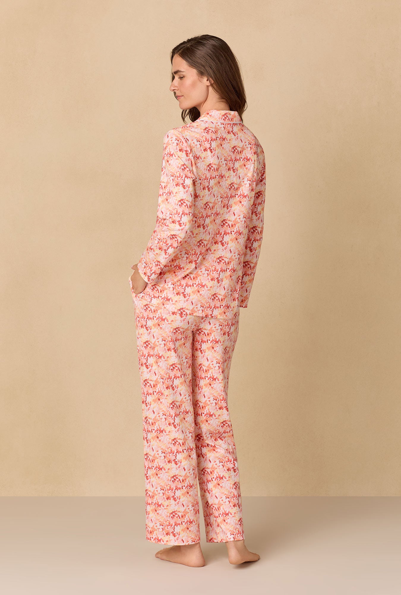 A lady wearing Rosewood Leaves Long Cotton Knit Pajama