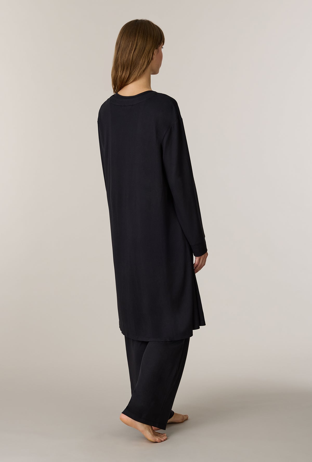 A lady wearing Black 3-Piece Brushed Sweater Knit Pajama Set back view