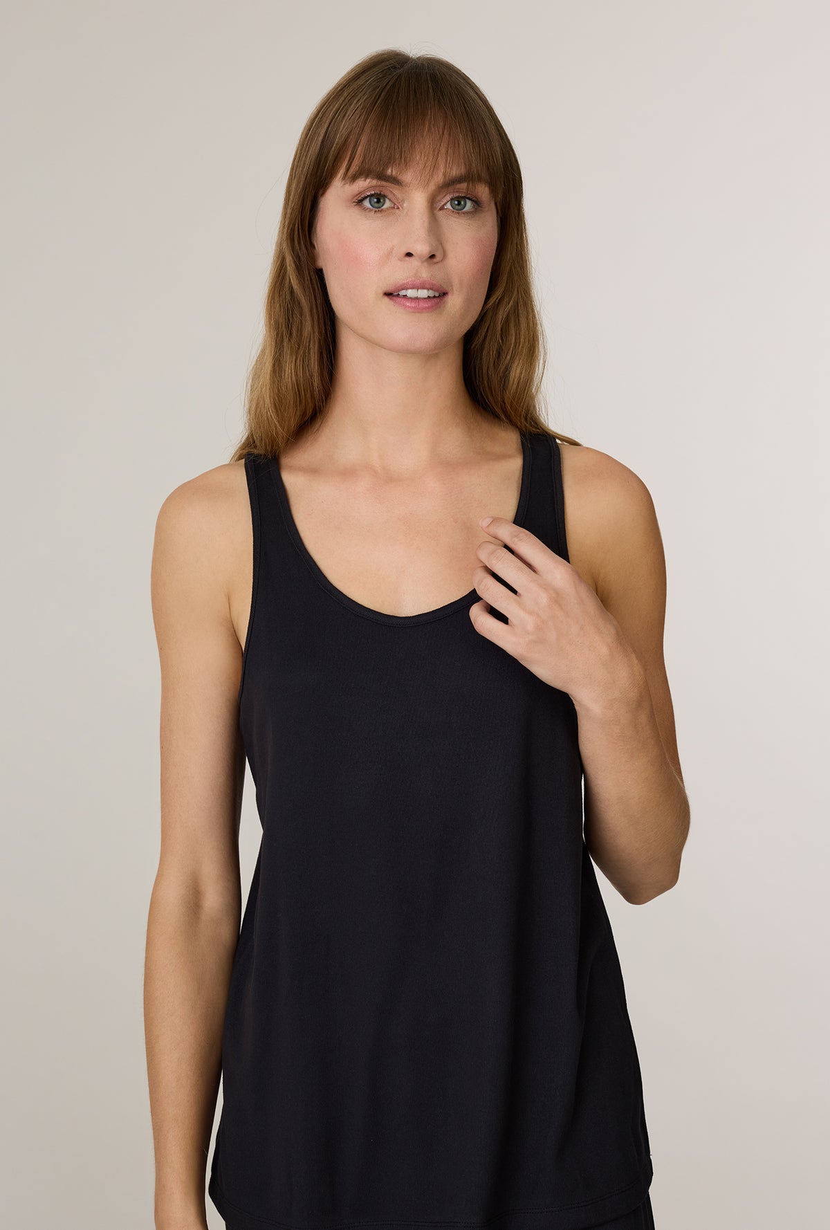 A lady wearing Black 3-Piece Brushed Sweater Knit Pajama Set without robe closer look