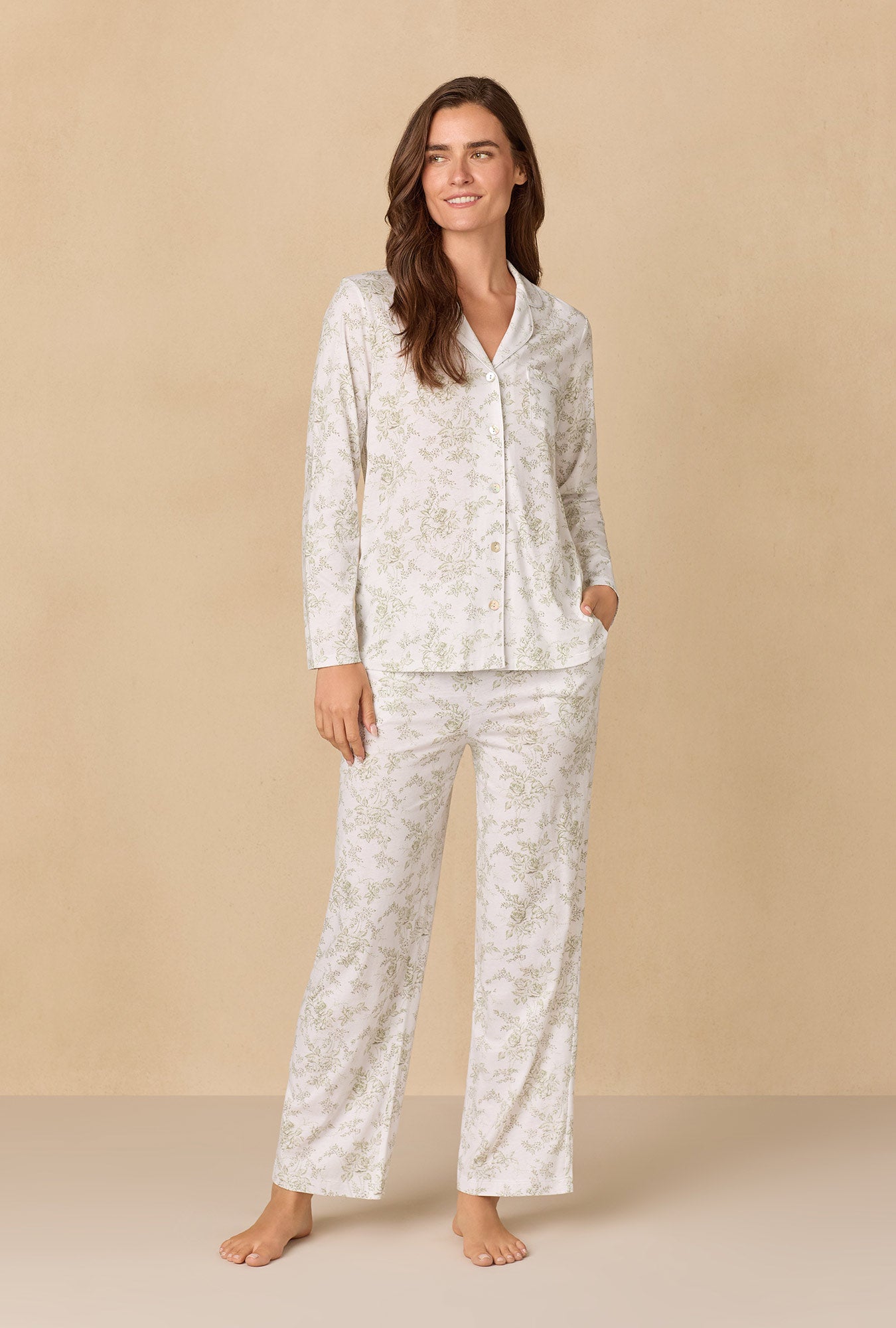 A lady wearing Whispering Rose Toile Long Cotton Knit Pajama