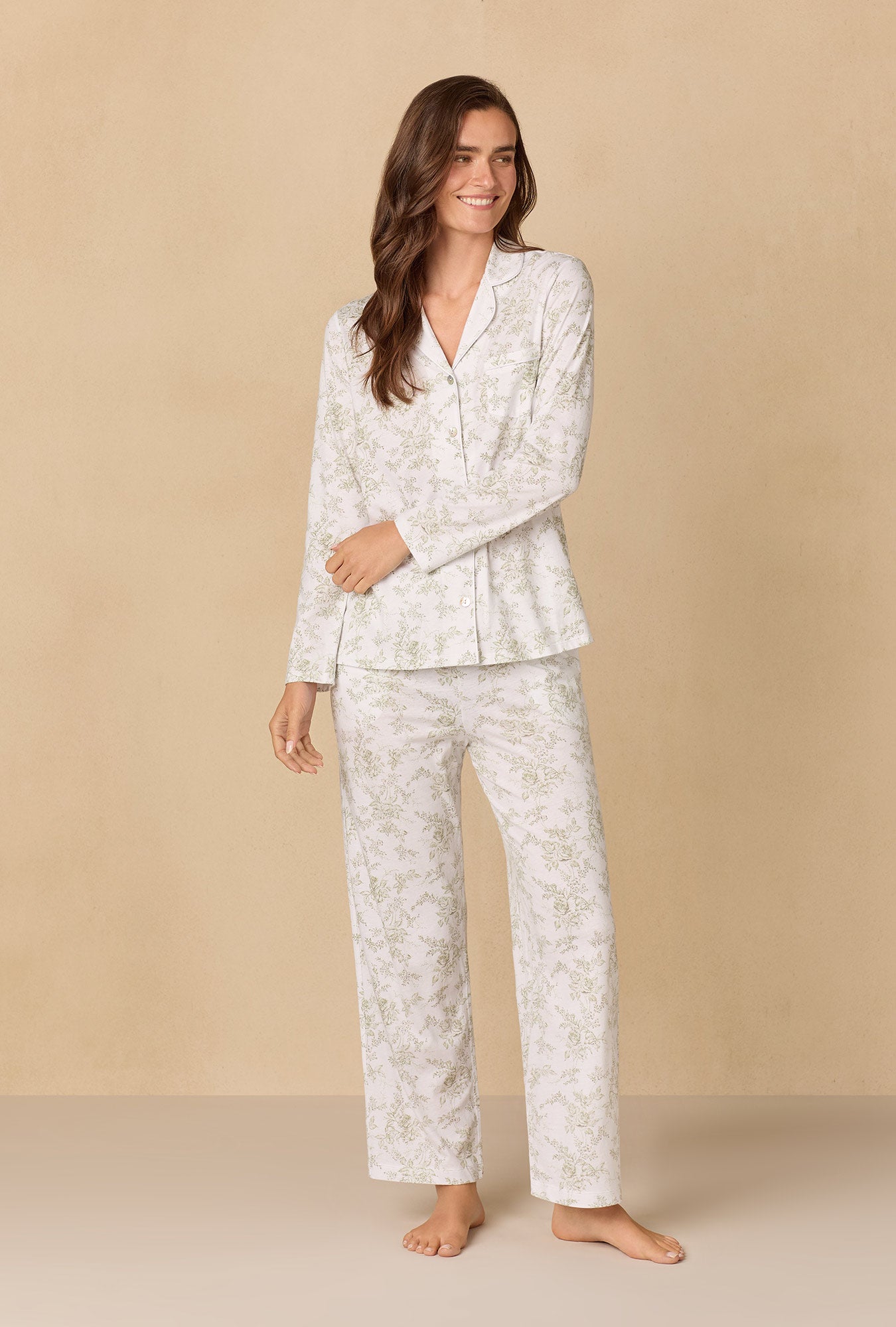 A lady wearing Whispering Rose Toile Long Cotton Knit Pajama