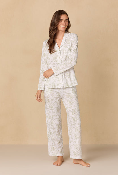 A lady wearing Whispering Rose Toile Long Cotton Knit Pajama