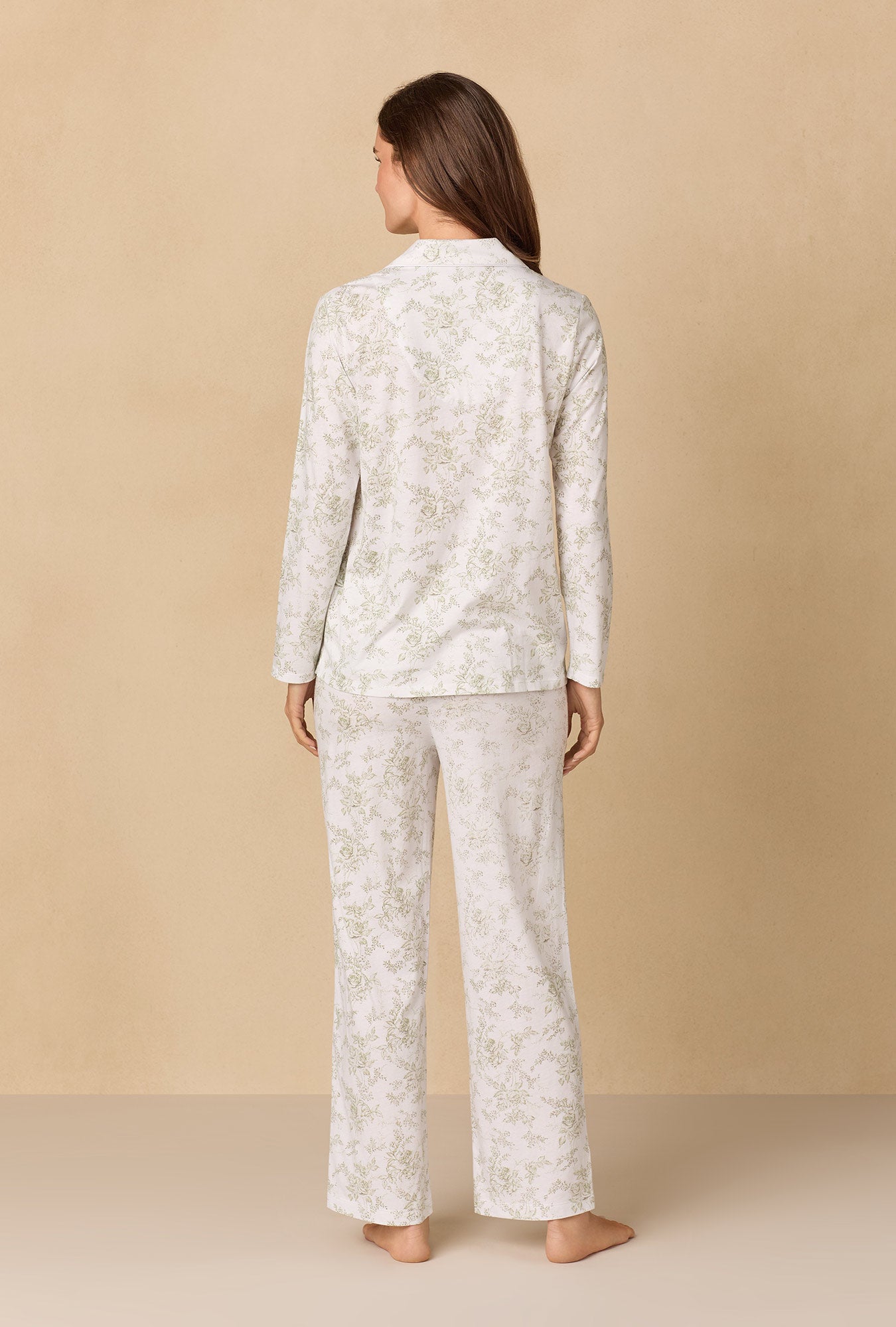 A lady wearing Whispering Rose Toile Long Cotton Knit Pajama