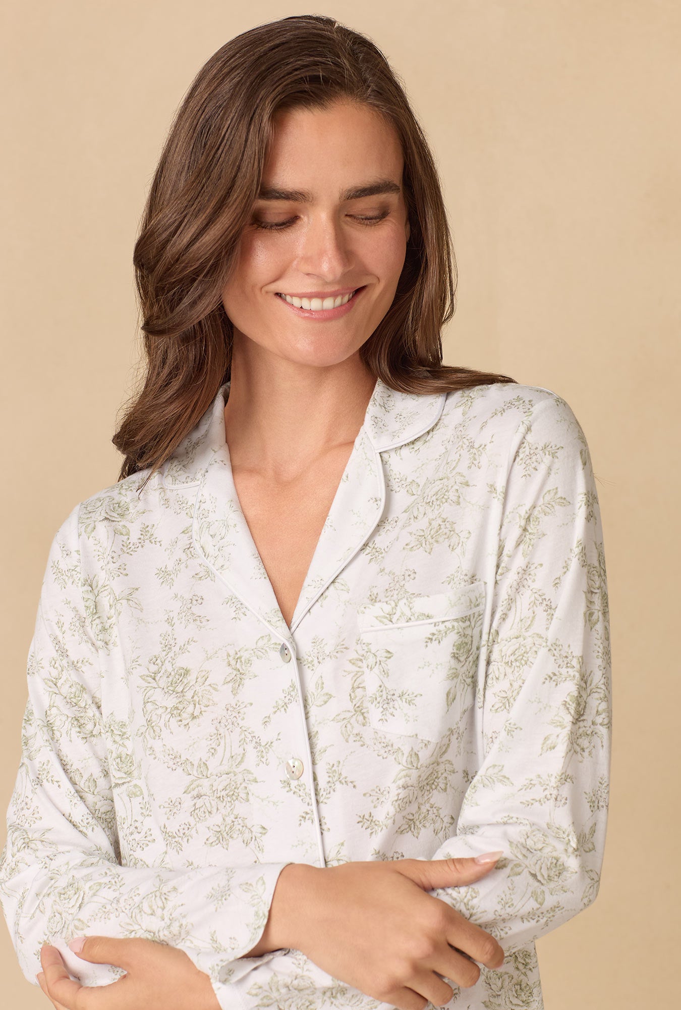 A lady wearing Whispering Rose Toile Long Cotton Knit Pajama