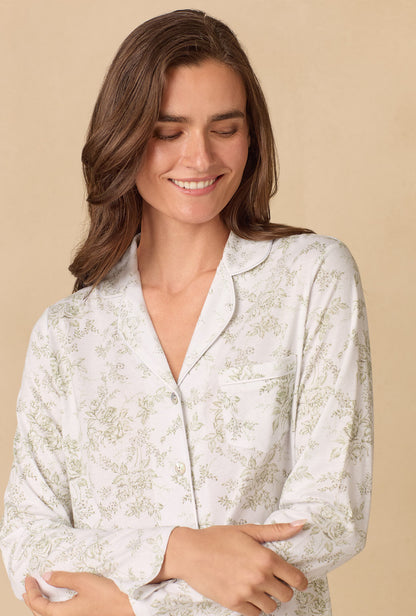 A lady wearing Whispering Rose Toile Long Cotton Knit Pajama