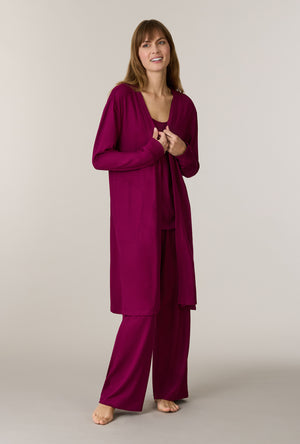 A lady wearing Burgundy 3-Piece Brushed Sweater Knit Pajama Set