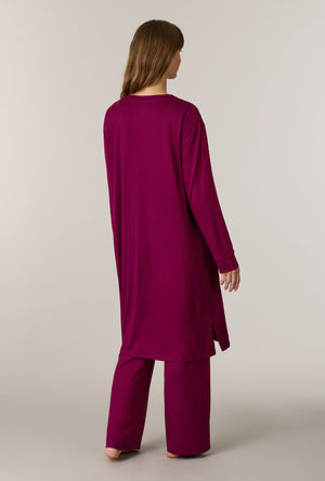 A lady wearing Burgundy 3-Piece Brushed Sweater Knit Pajama Set back view
