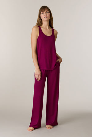 A lady wearing Burgundy 3-Piece Brushed Sweater Knit Pajama Set without robe
