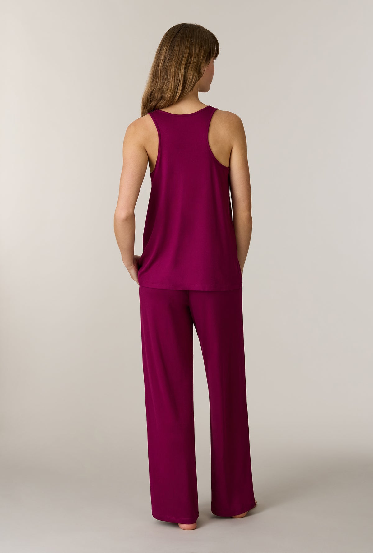 A lady wearing Burgundy 3-Piece Brushed Sweater Knit Pajama Set without robe back view