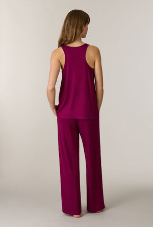 A lady wearing Burgundy 3-Piece Brushed Sweater Knit Pajama Set without robe back view