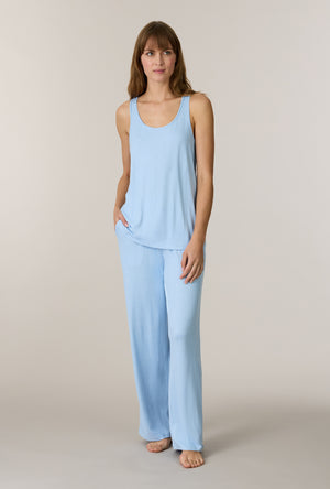 A lady wearing Heather Sky Blue 3-Piece Brushed Sweater Knit Pajama Set without robe
