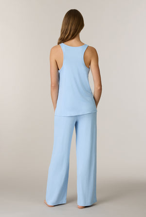 A lady wearing Heather Sky Blue 3-Piece Brushed Sweater Knit Pajama Set without robe back view