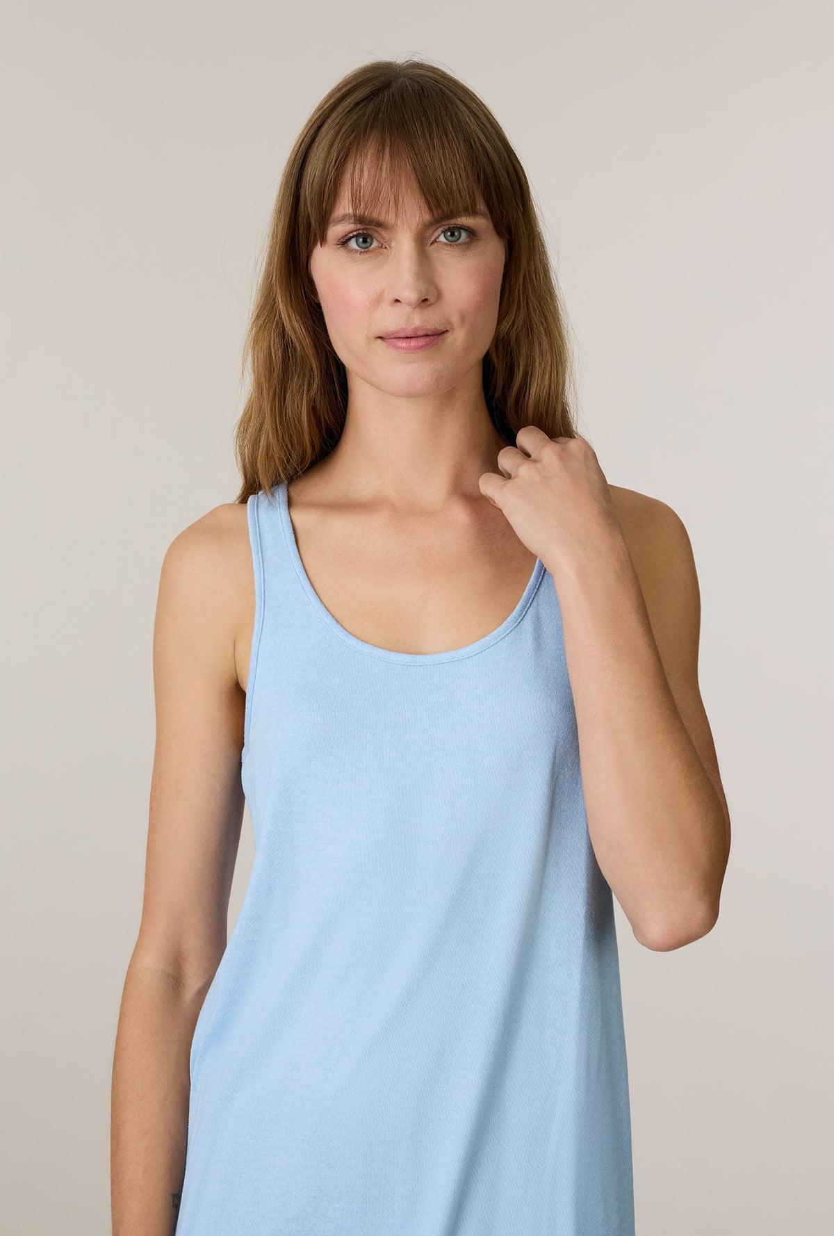 A lady wearing Heather Sky Blue 3-Piece Brushed Sweater Knit Pajama Set without robe closer look