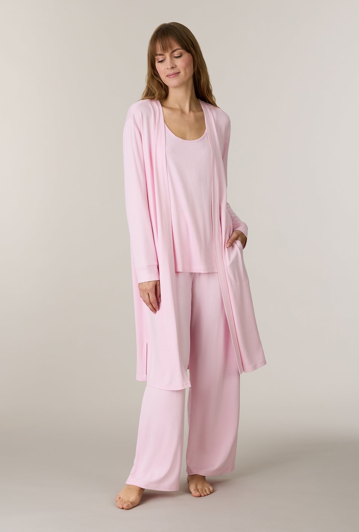 A lady wearing Heather Blush 3-Piece Brushed Sweater Knit Pajama Set