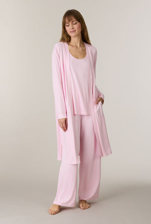 A lady wearing Heather Blush 3-Piece Brushed Sweater Knit Pajama Set