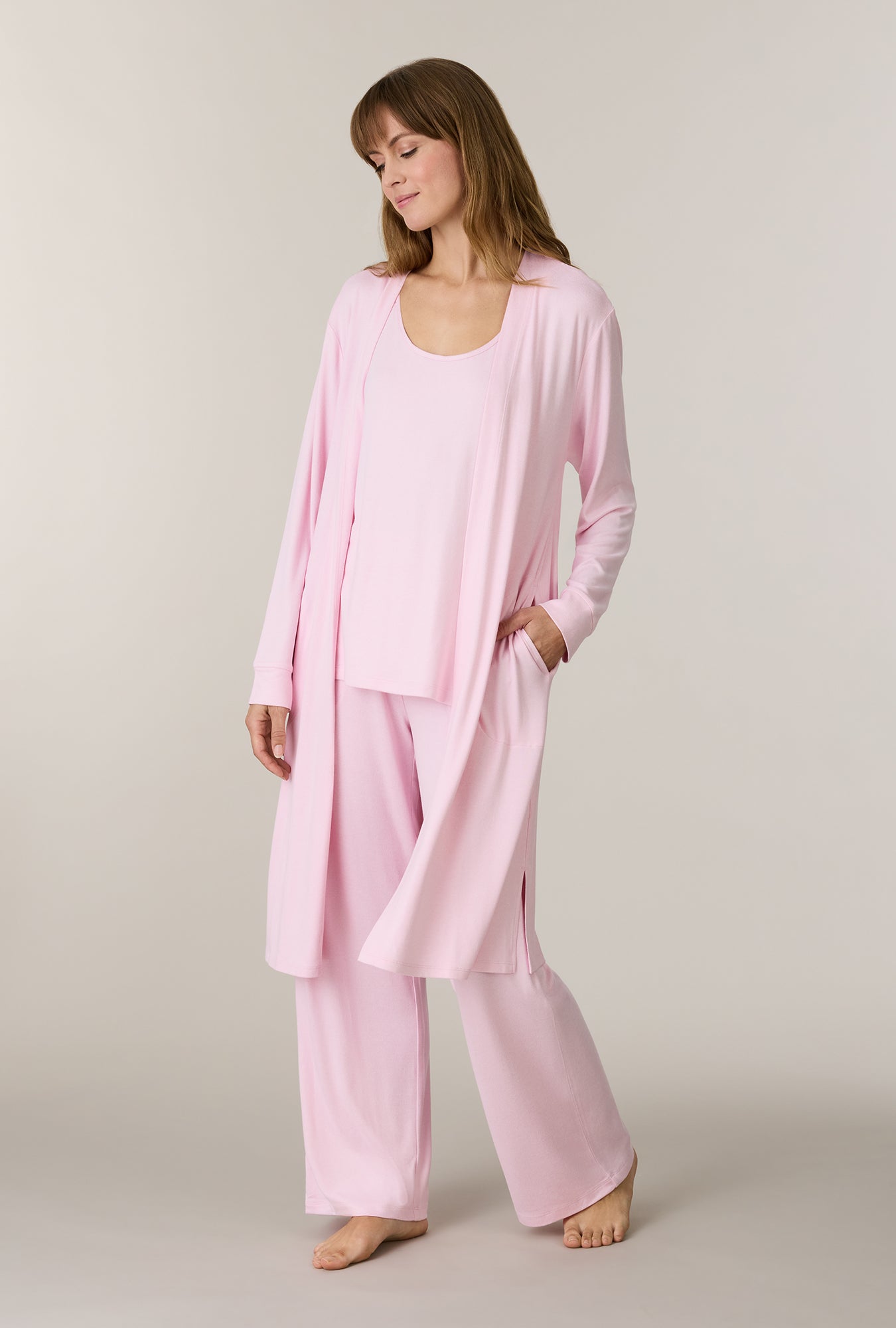 A lady wearing Heather Blush 3-Piece Brushed Sweater Knit Pajama Set