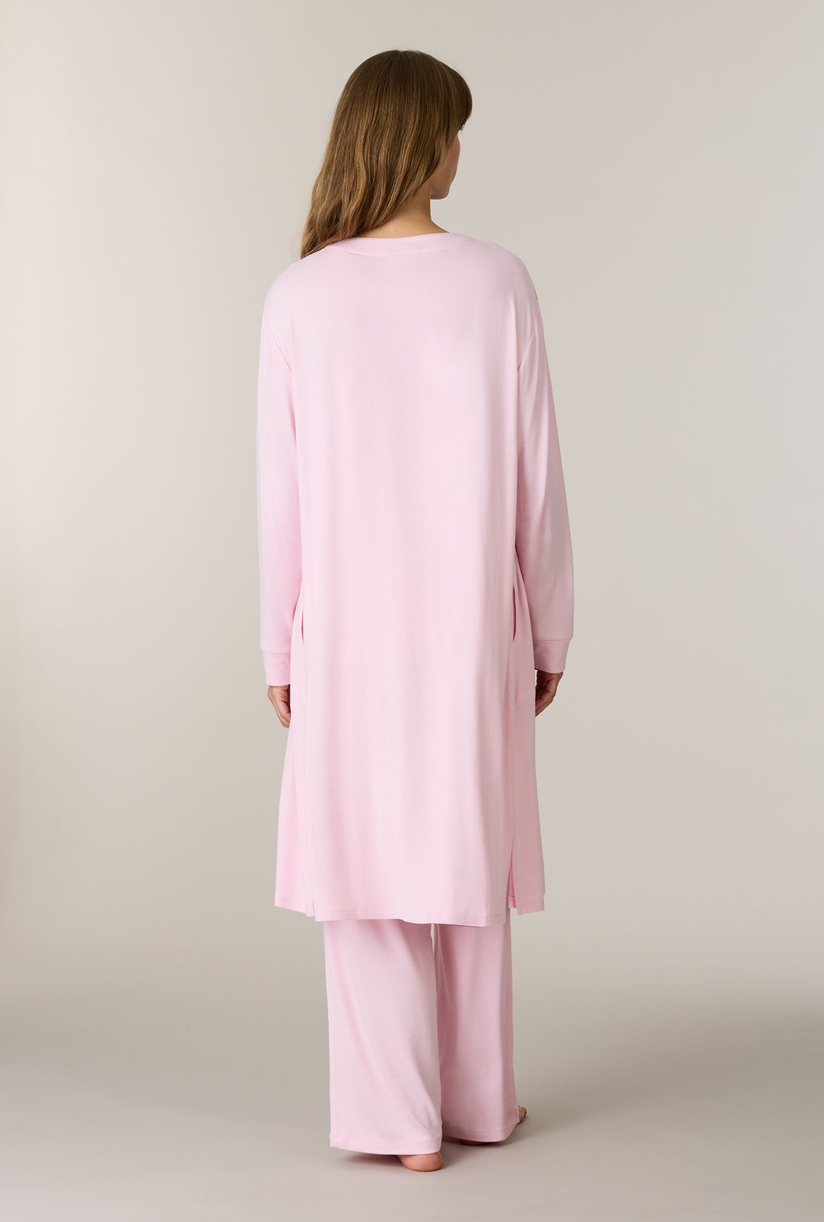 A lady wearing Heather Blush 3-Piece Brushed Sweater Knit Pajama Set back view