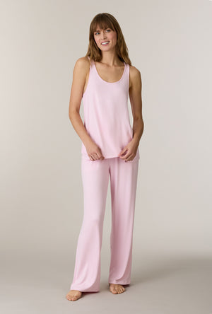 A lady wearing Heather Blush 3-Piece Brushed Sweater Knit Pajama Set without robe 
