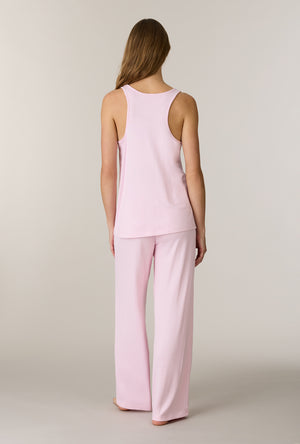 A lady wearing Heather Blush 3-Piece Brushed Sweater Knit Pajama Set without robe back view