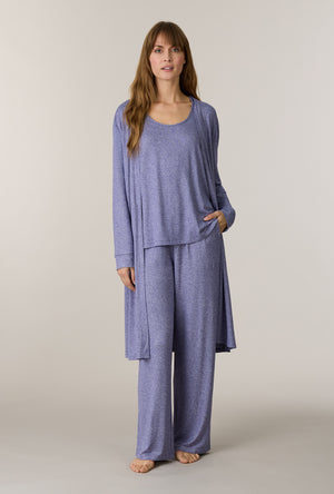 A lady wearing Heather Denim 3-Piece Brushed Sweater Knit Pajama Set