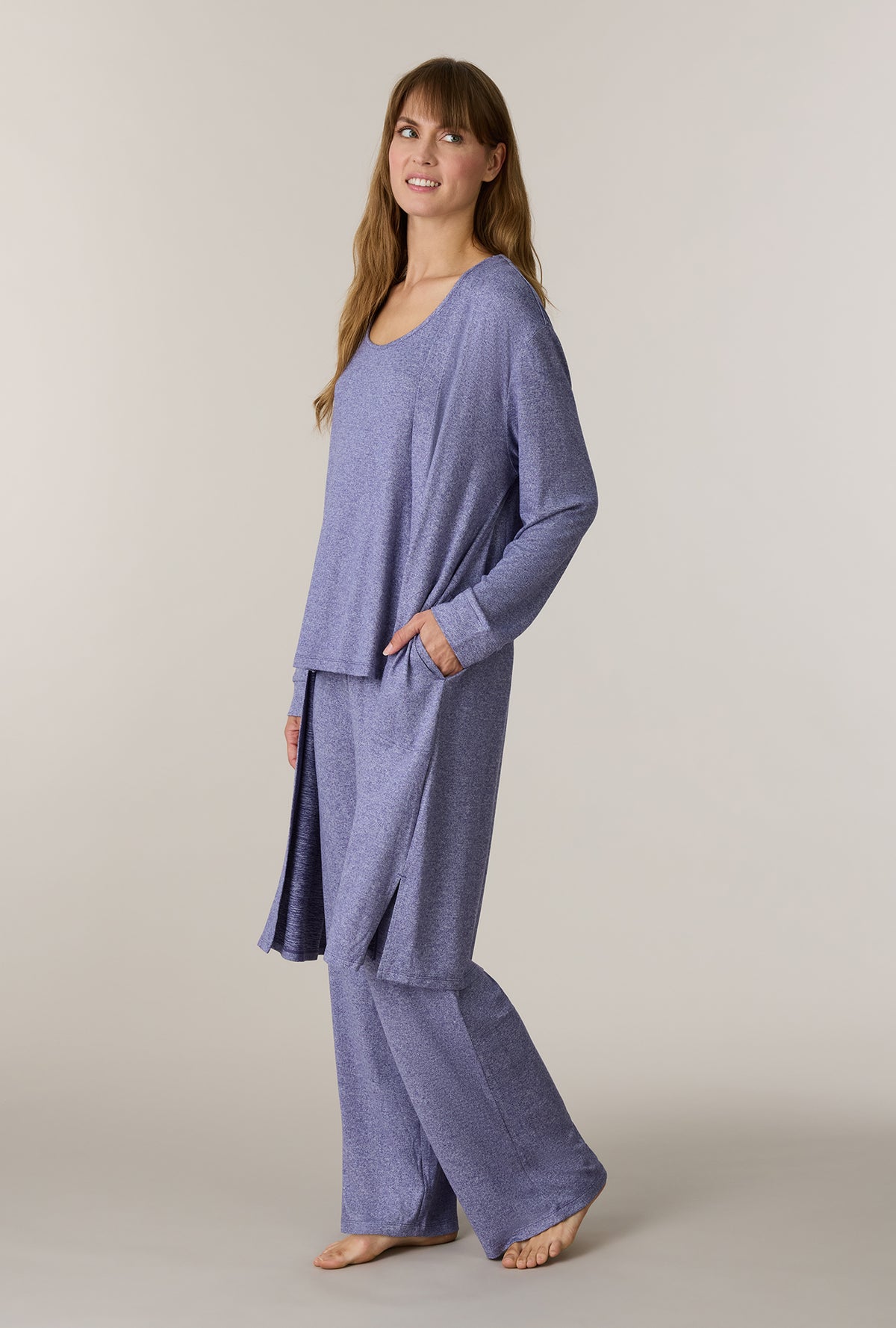 A lady wearing Heather Denim 3-Piece Brushed Sweater Knit Pajama Set walking