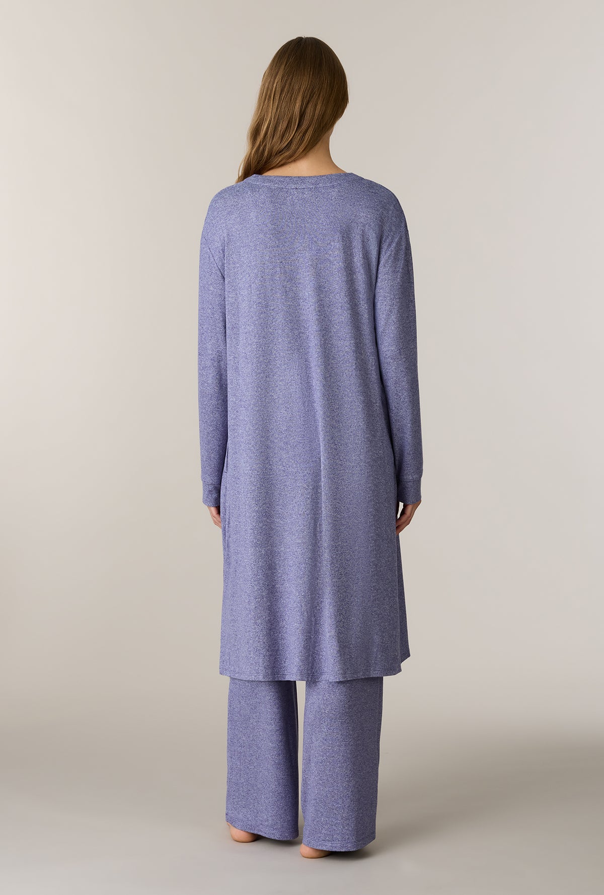 A lady wearing Heather Denim 3-Piece Brushed Sweater Knit Pajama Set back view