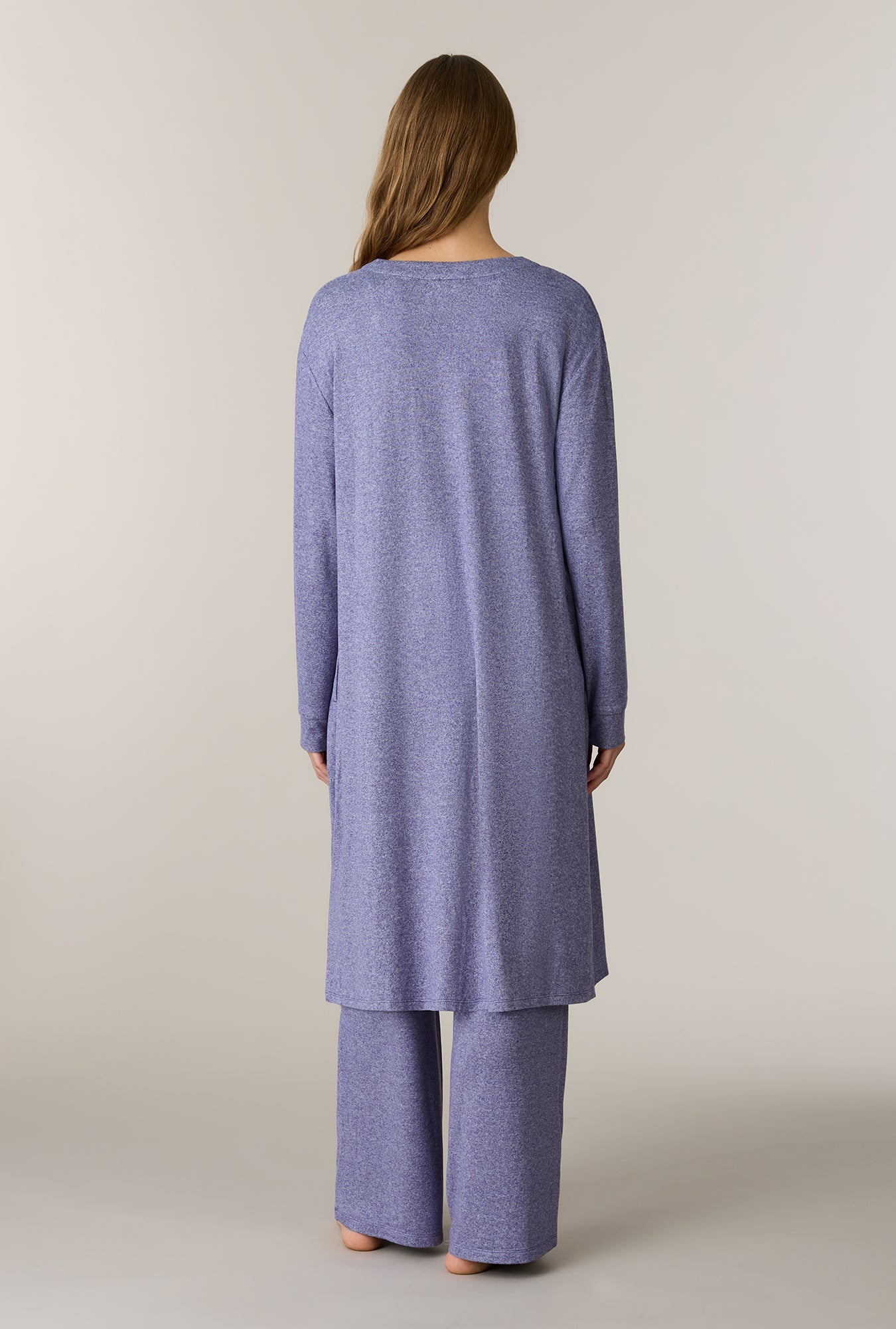 A lady wearing Heather Denim 3-Piece Brushed Sweater Knit Pajama Set