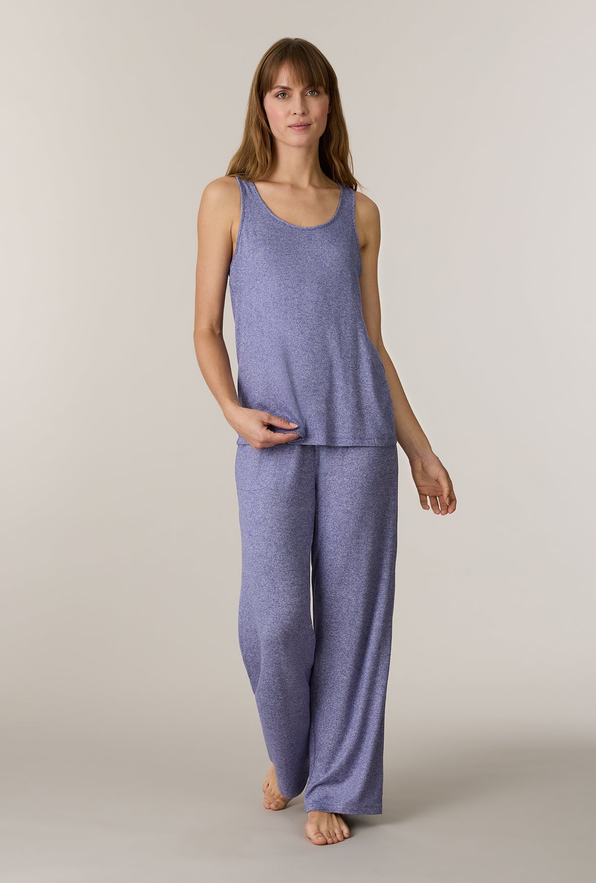 A lady wearing Heather Denim 3-Piece Brushed Sweater Knit Pajama Set without robe