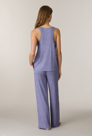 A lady wearing Heather Denim 3-Piece Brushed Sweater Knit Pajama Set without robe back view