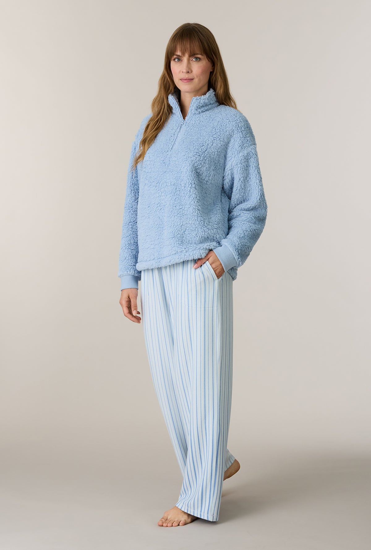 A lady wearing Coastal Stripe Sherpa Zip Top & Stretch Fleece Pajama Set looking front