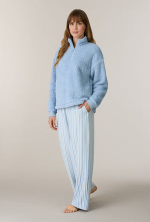 A lady wearing Coastal Stripe Sherpa Zip Top & Stretch Fleece Pajama Set looking front