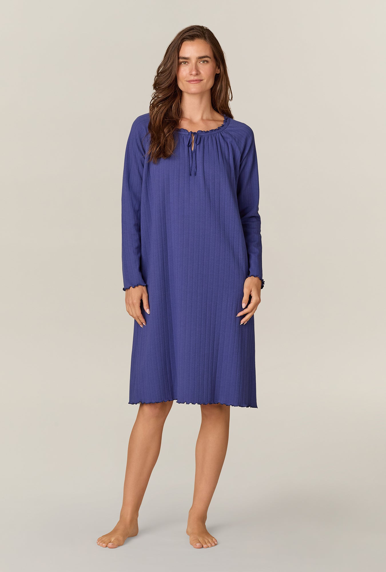 A lady wearing Navy Pointelle Waltz Nightgown
