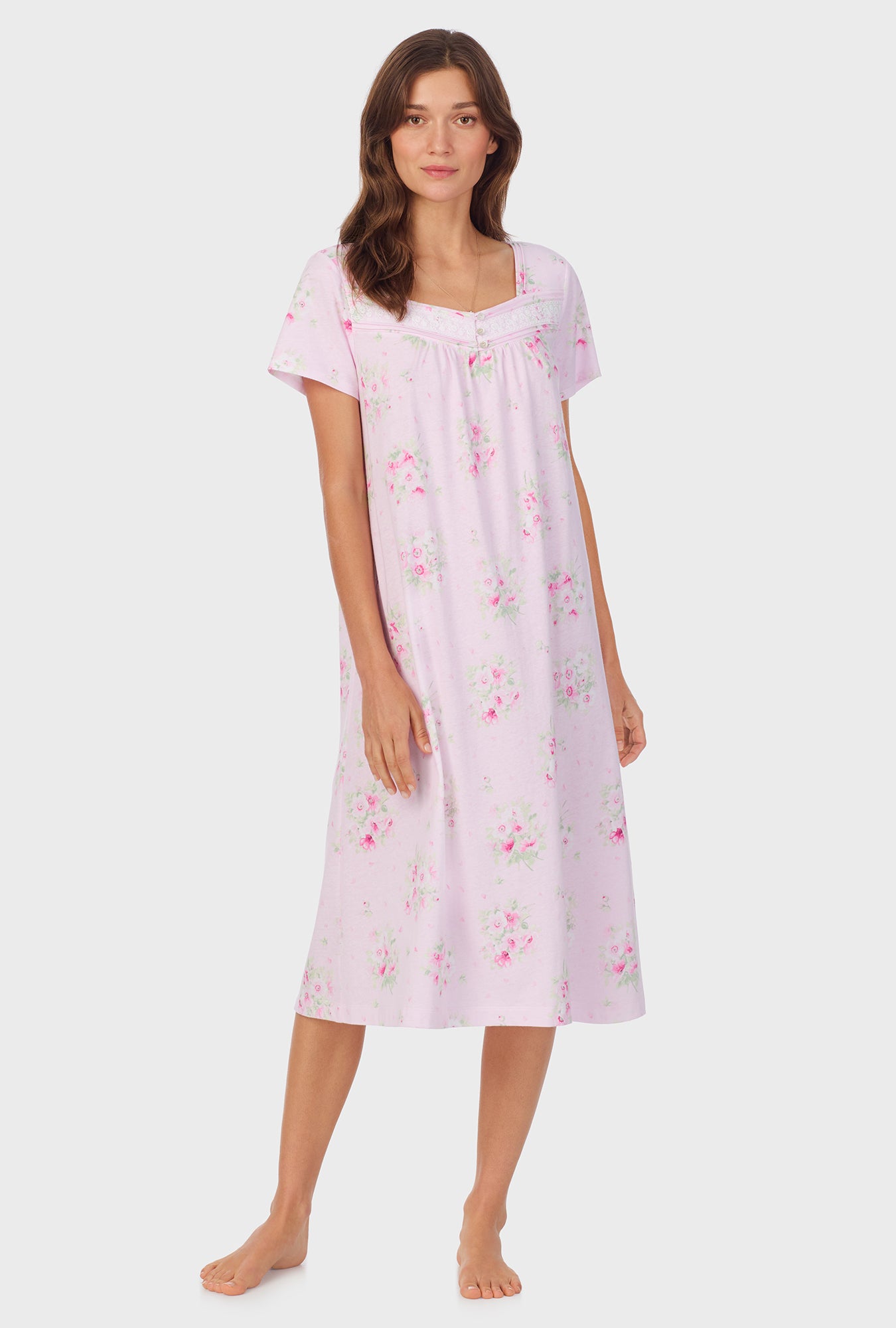 A lady wearing Pink Cosmos Cap Sleeve Cotton Waltz Nightgown