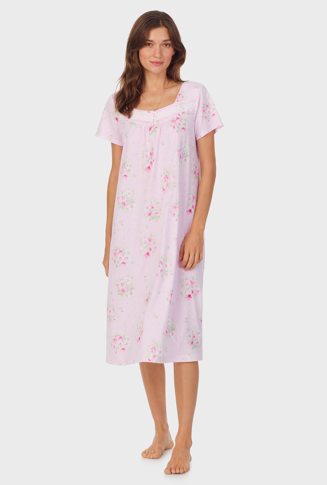 A lady wearing Pink Cosmos Cap Sleeve Cotton Waltz Nightgown