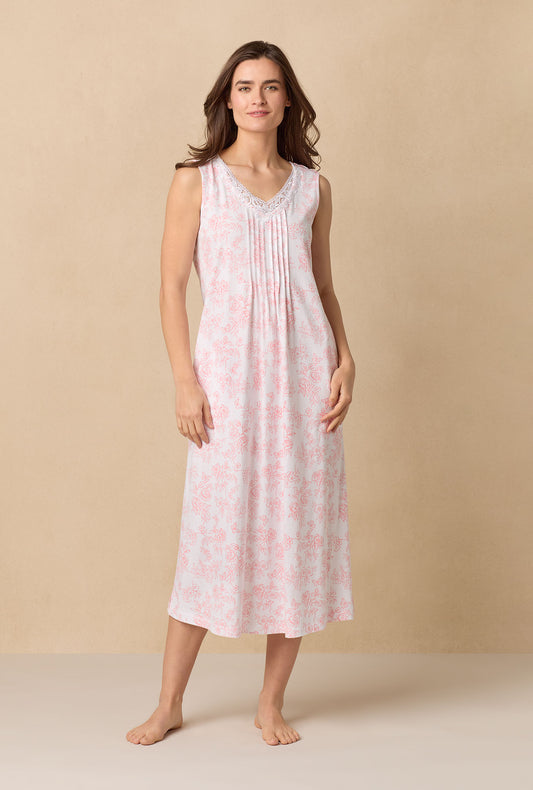 A lady wearing Coral Toile Long Sleeveless Cotton Knit Nightgown