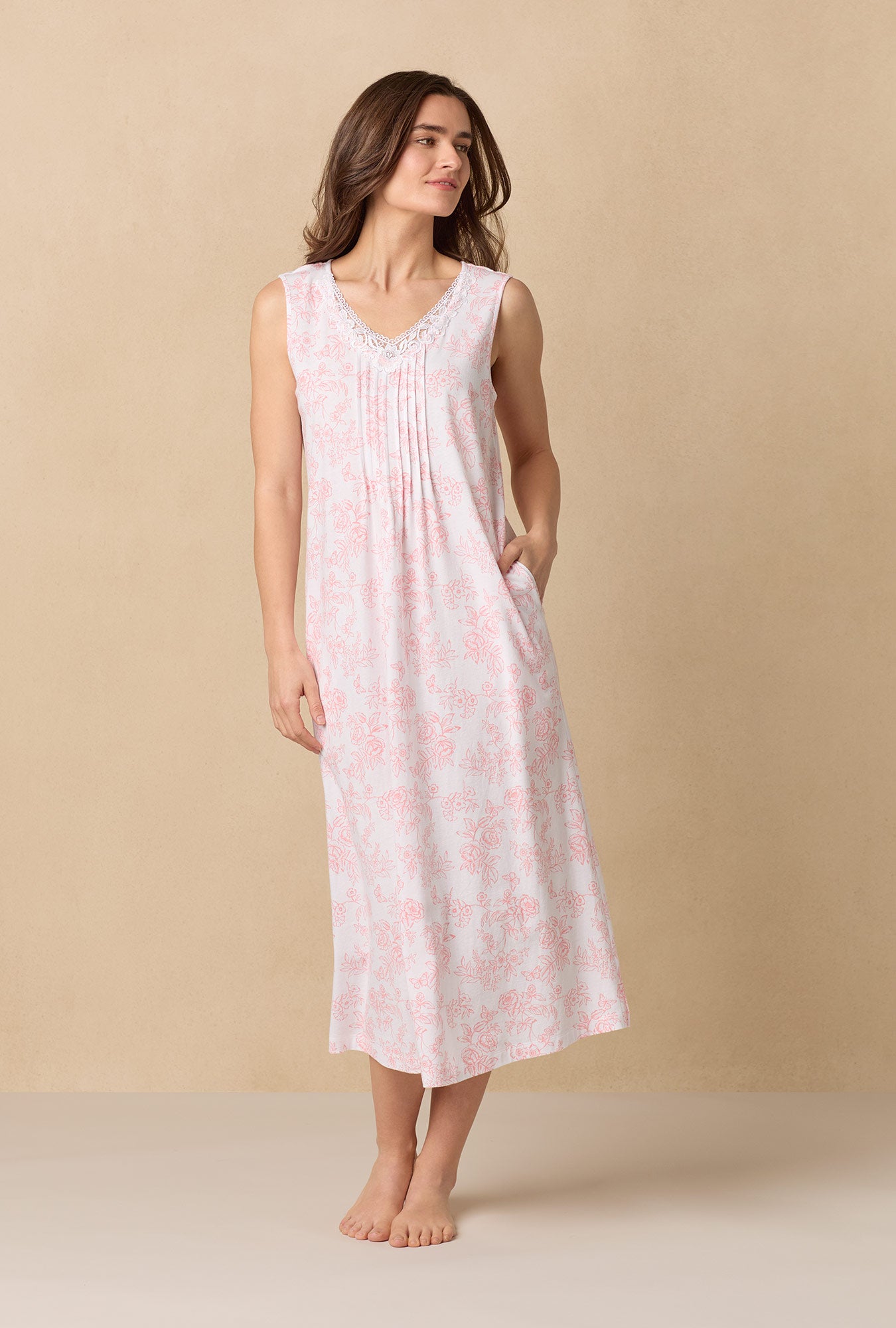A lady wearing Coral Toile Long Sleeveless Cotton Knit Nightgown