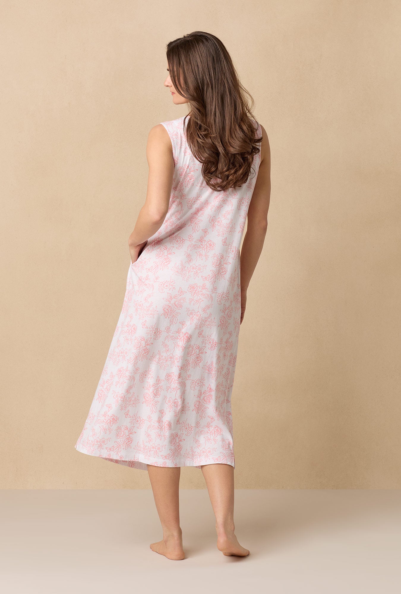 A lady wearing Coral Toile Long Sleeveless Cotton Knit Nightgown