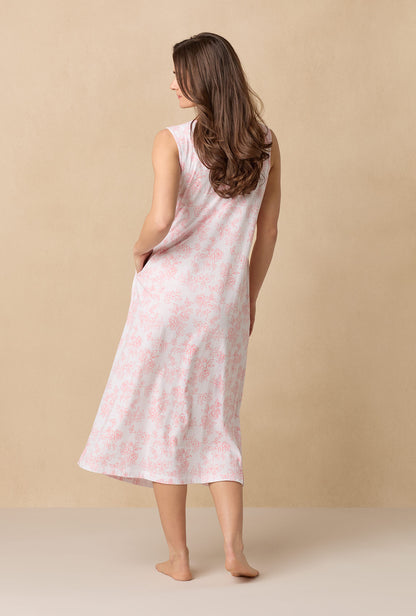 A lady wearing Coral Toile Long Sleeveless Cotton Knit Nightgown