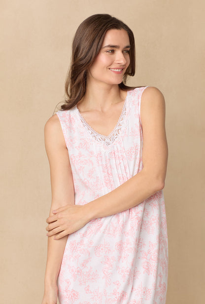 A lady wearing Coral Toile Long Sleeveless Cotton Knit Nightgown