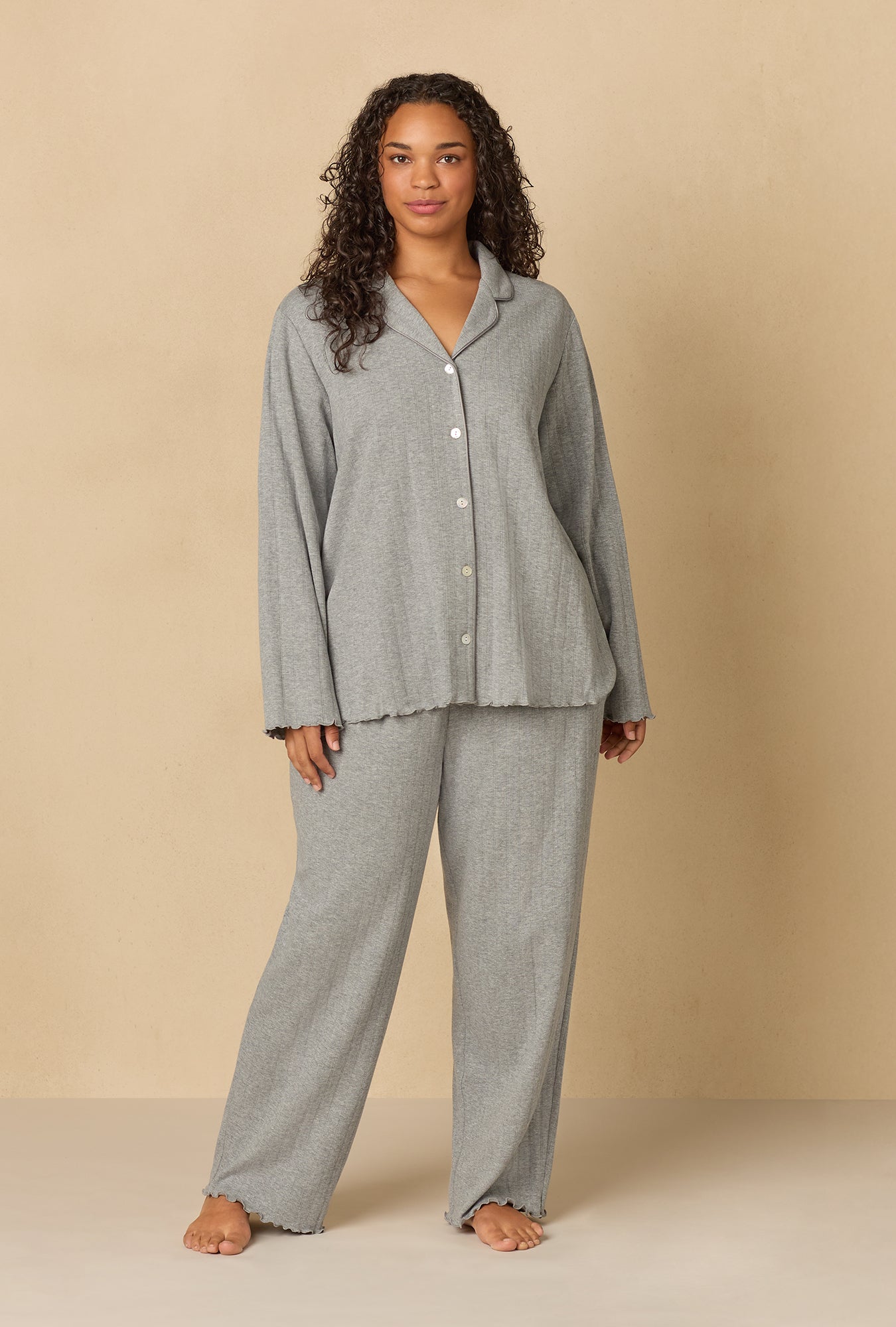 A lady wearing Heather Grey Cotton Pointelle Long Pajama Set
