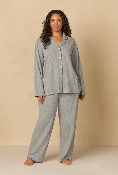 A lady wearing Heather Grey Cotton Pointelle Long Pajama Set