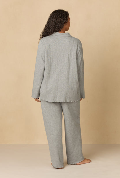 A lady wearing Heather Grey Cotton Pointelle Long Pajama Set