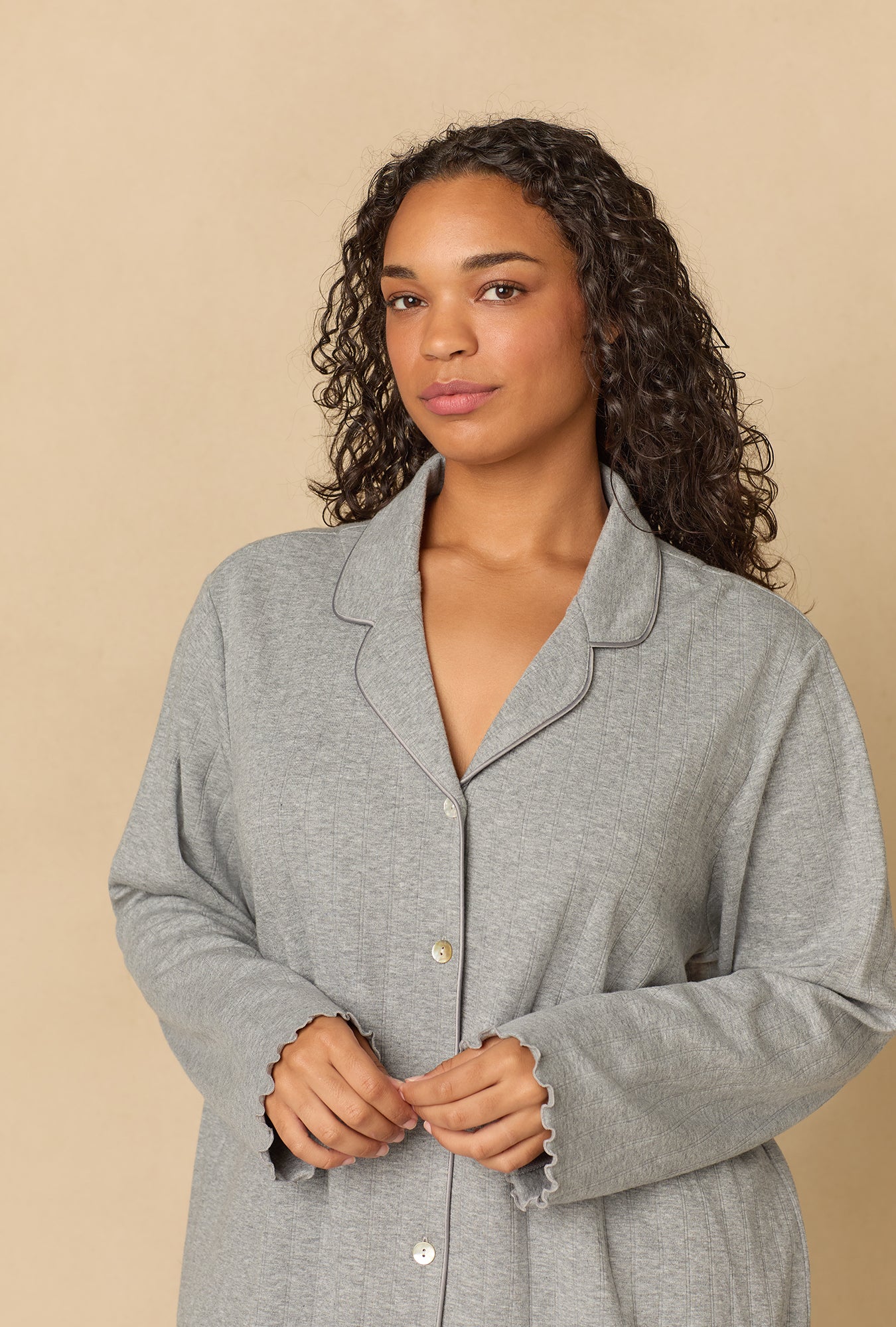 A lady wearing Heather Grey Cotton Pointelle Long Pajama Set