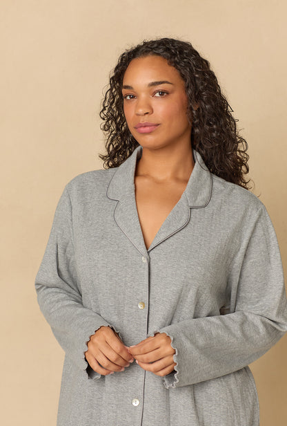 A lady wearing Heather Grey Cotton Pointelle Long Pajama Set