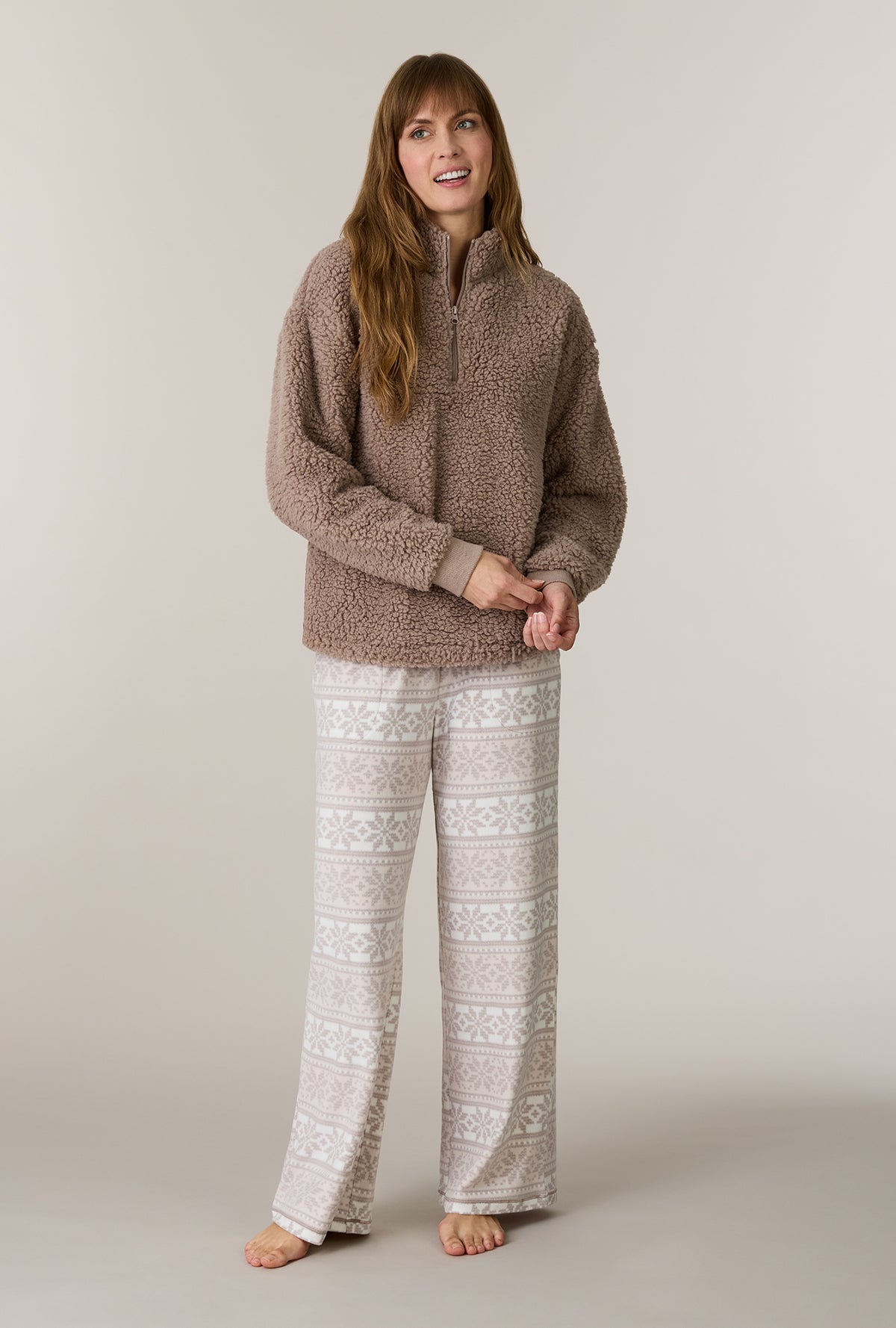 A lady wearing Oatmeal Fair Isle Sherpa Zip Top & Stretch Fleece Pajama Set
