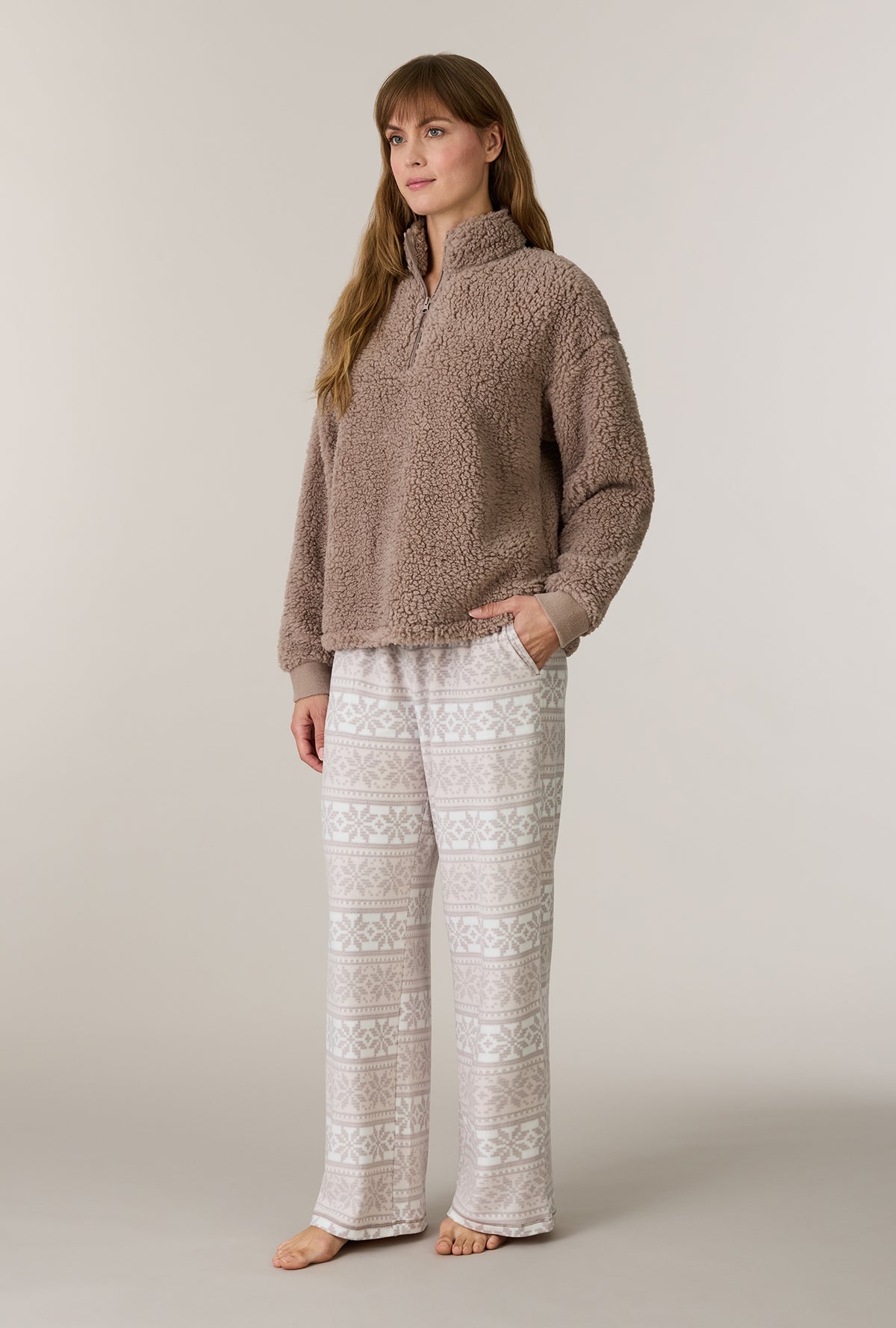 A lady wearing Oatmeal Fair Isle Sherpa Zip Top & Stretch Fleece Pajama Set side view